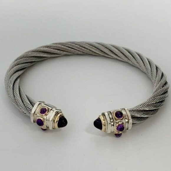 Stainless Steel Cable Cuff Bracelet with Amethysts new - Picture 1 of 12